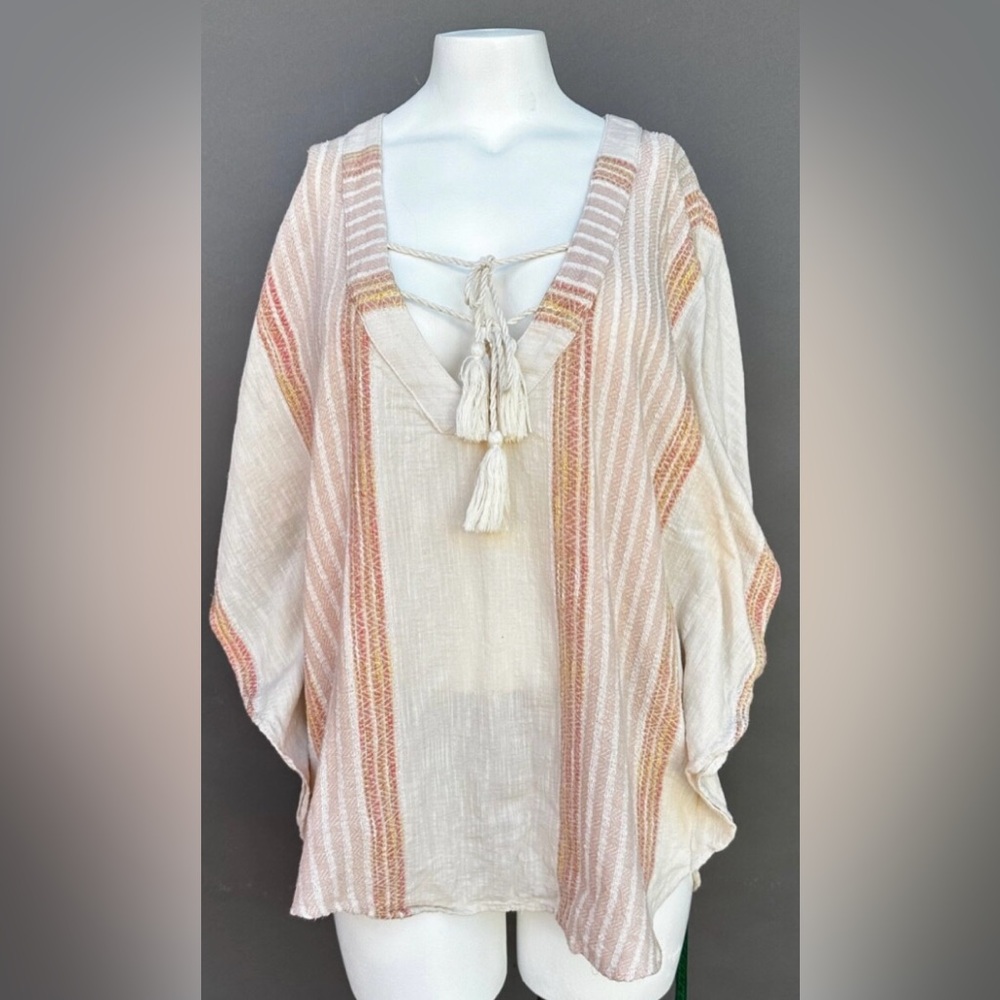 Rip Curl Linen Swim Cover Up Tassels Baja Stripe Cream Peach Cotton Viscose